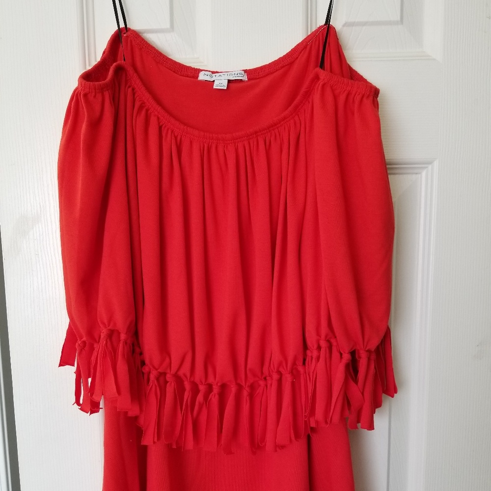 Red off the shoulder tee with knots